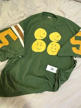 Kapital Green Short Sleeve Tee with Yellow Smiley Graphic